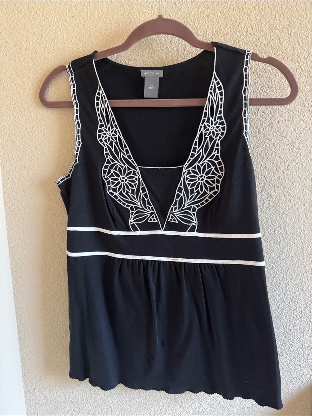 LOFT Black Tank with White Embroidered V-Neck